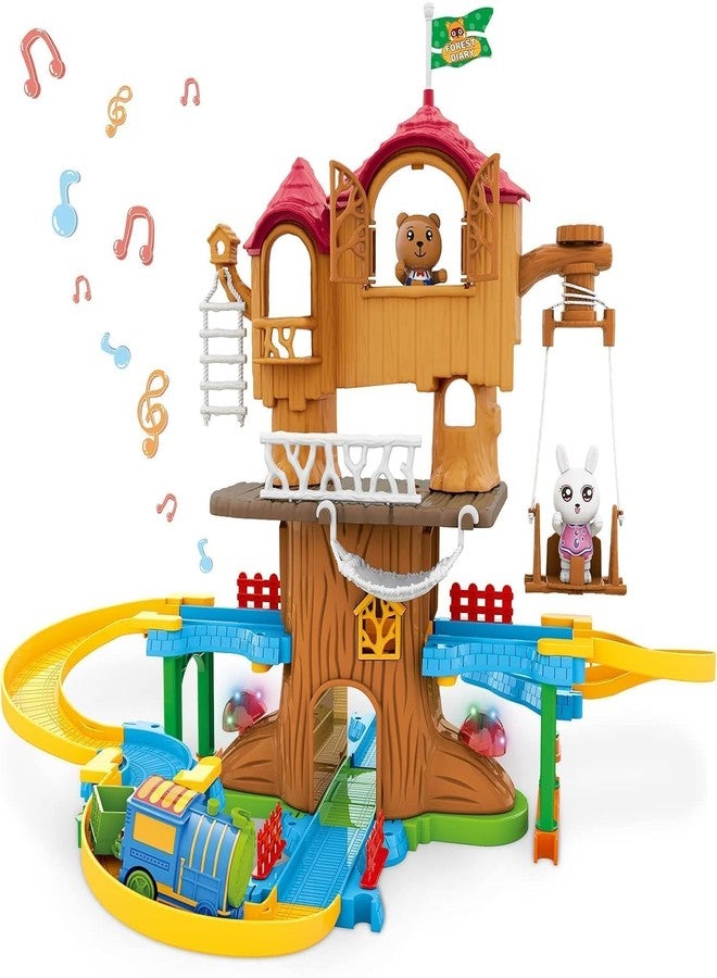 Avarin Tree House Playset, Train Set Car Track Toys for Toddlers, DIY Forest Friends Pretend Playhouse with 2 Dolls Toy Figures, Train, Car Tracks, Swing, Sound & Light Function Toy House for Girl - Image 1